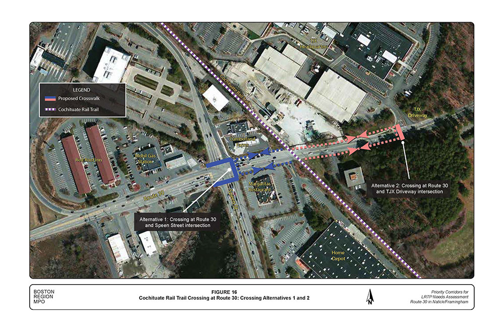 FIGURE 16. Aerial-view map that illustrates the Cochituate Rail Trail crossing at “Alternative 1” (Route 30 and Speen Street) and at “Alternative 2” (Route 30 and TJX Driveway).